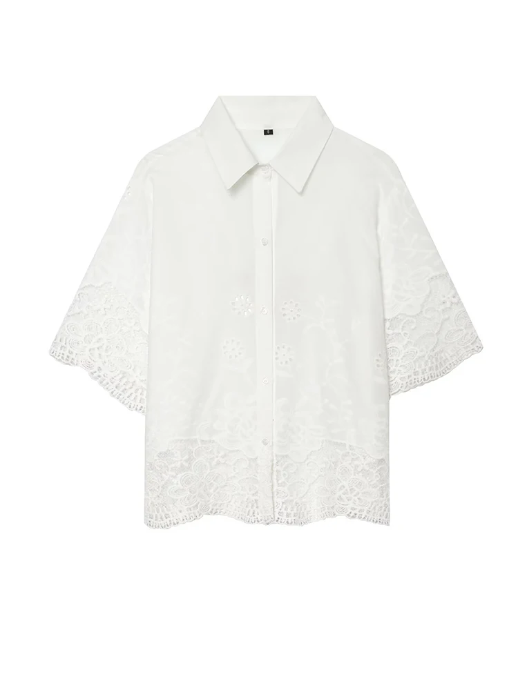 

Women White Lace Embroidered Button Down Shirt Hollow Out Casual Summer Tops Blouses