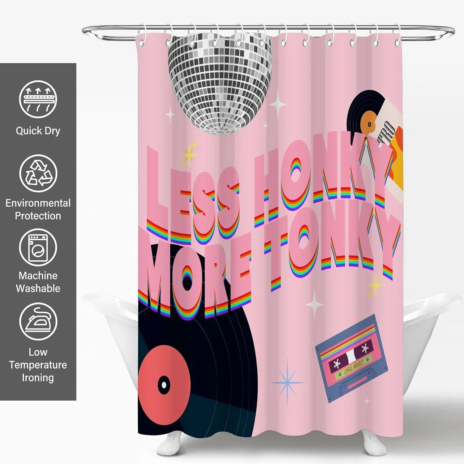 Pink Y2K Disco Shower Curtain,Retro Music Theme Shower Curtains for Girls Bathroom,Funny Waterproof Polyester Preppy Style