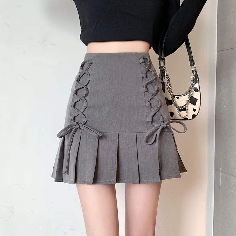 Vintage Bandage Pleated Women Skirt Summer Office Lady Simple High Waist Mini Skirts A Line Slim Fit Fashion Casual Female Skirt