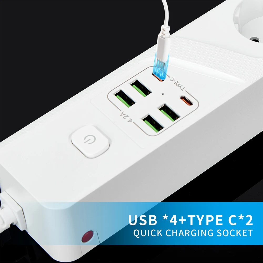 European Plug Extension Socket With Overload Protection USB Power Strip 4USB 2Type C Charger Hub 2m Extension Socket With Switch