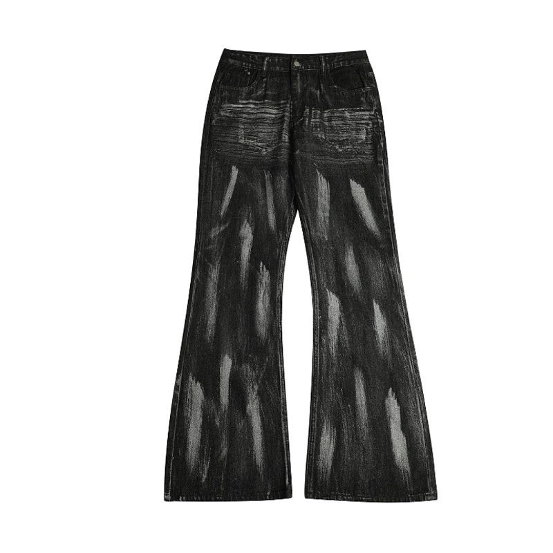 American Style Men's Denim Pants Hand Painted Contrast Color Boot-cut Trousers Worn-out Loose Wide Leg Male Jeans