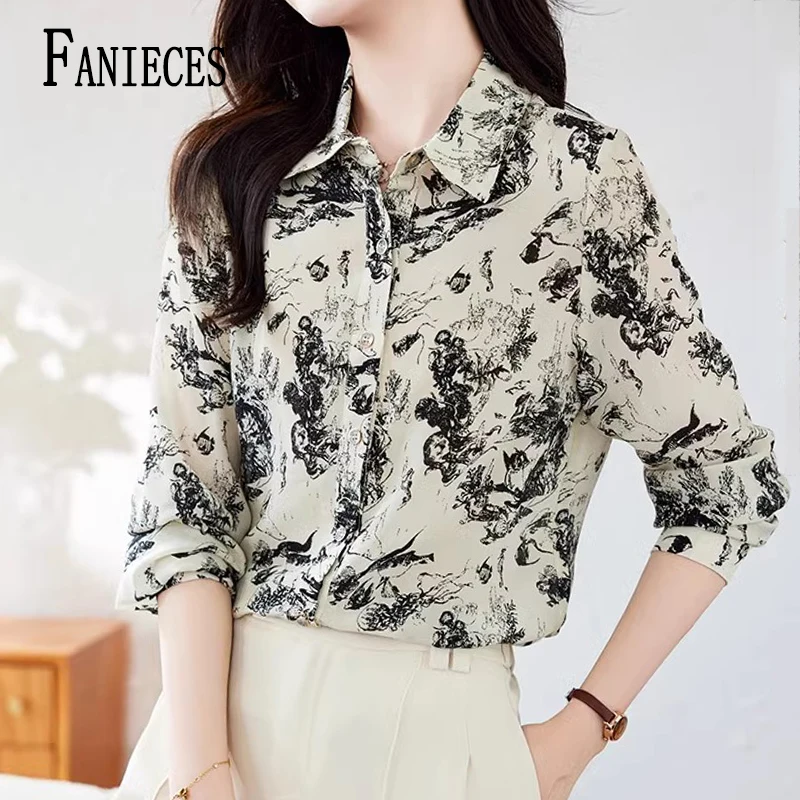 

FANIECE Luxury Vintage Print Red Women Satin Shirt Spring Fall Long Sleeve Elegant Lapel Slim Blouse OL blusa mujer moda рубашка