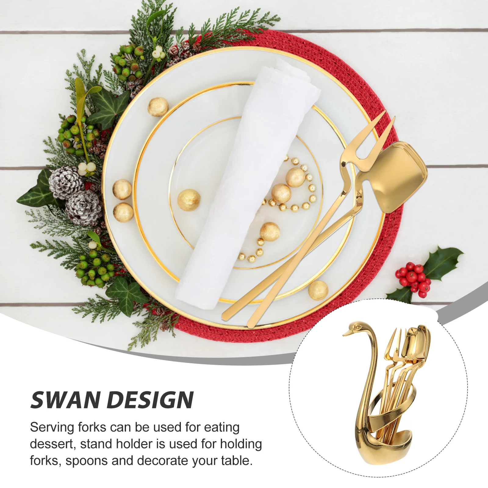 

1Set Stainless Steel Tableware Set Swan Shape Stand Holder 3 Forks 3 Spoons for Dessert Coffee Cake Serving Kitchen Dining Decor