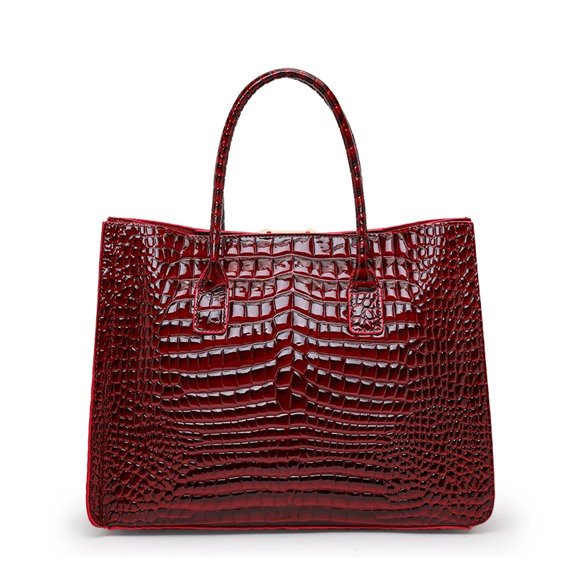 Genuine Cowhide Women Shoulder Tote Bag, Glossy Croc Pattern Leather Handbag, Large Work Purse with Removable Crossbody Strap