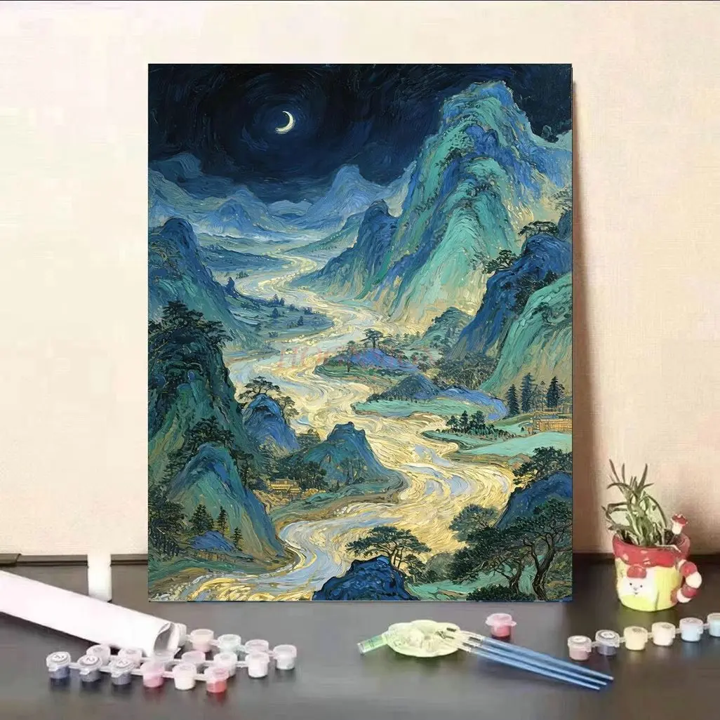 1set Digital oil painting, landscape healing, ancient style, landscape DIY, manual coloring, healing and decompression