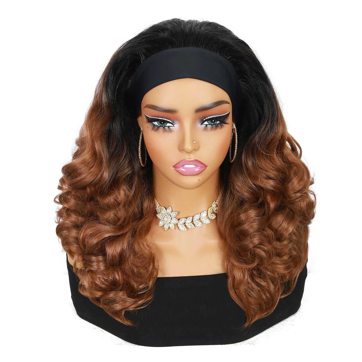 Yaki Curly Headband Wigs for Black Women Kinky Straight Ombre Brown Headband Curly Ends Synthetic Wear and Go Glue