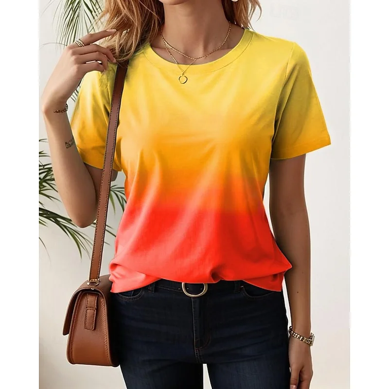 Moda 3D Color Gradient Print T Shirt Dla Kobiet Lato Wygodne Oddychające Damskie Topy z Krótkim Rękawem Casual O-neck Loose Tee