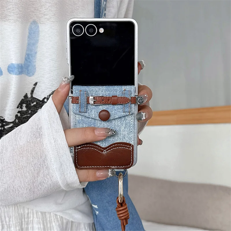 

Fashion Denim Card Bag Phone Case For Samsung Z Flip 7 6 5 Cover with Hand Rope Cute Cases For Galaxy Z Flip7 Flip6 ZFlip5 Funda