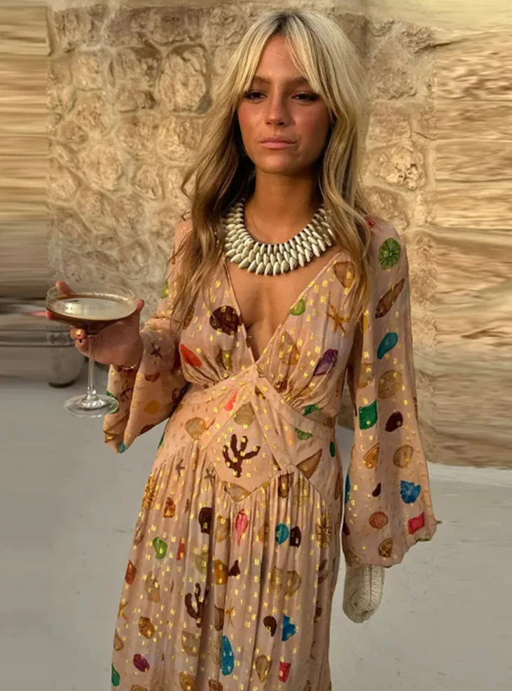 เดรสยาวพิมพ์ลายโบฮีเมียนสำหรับผู้หญิง ดีไซน์หรูหรา แขนพองเต็มตัว คอวี ทรงเอไลน์ เหมาะสำหรับฤดูใบไม้ร่วง