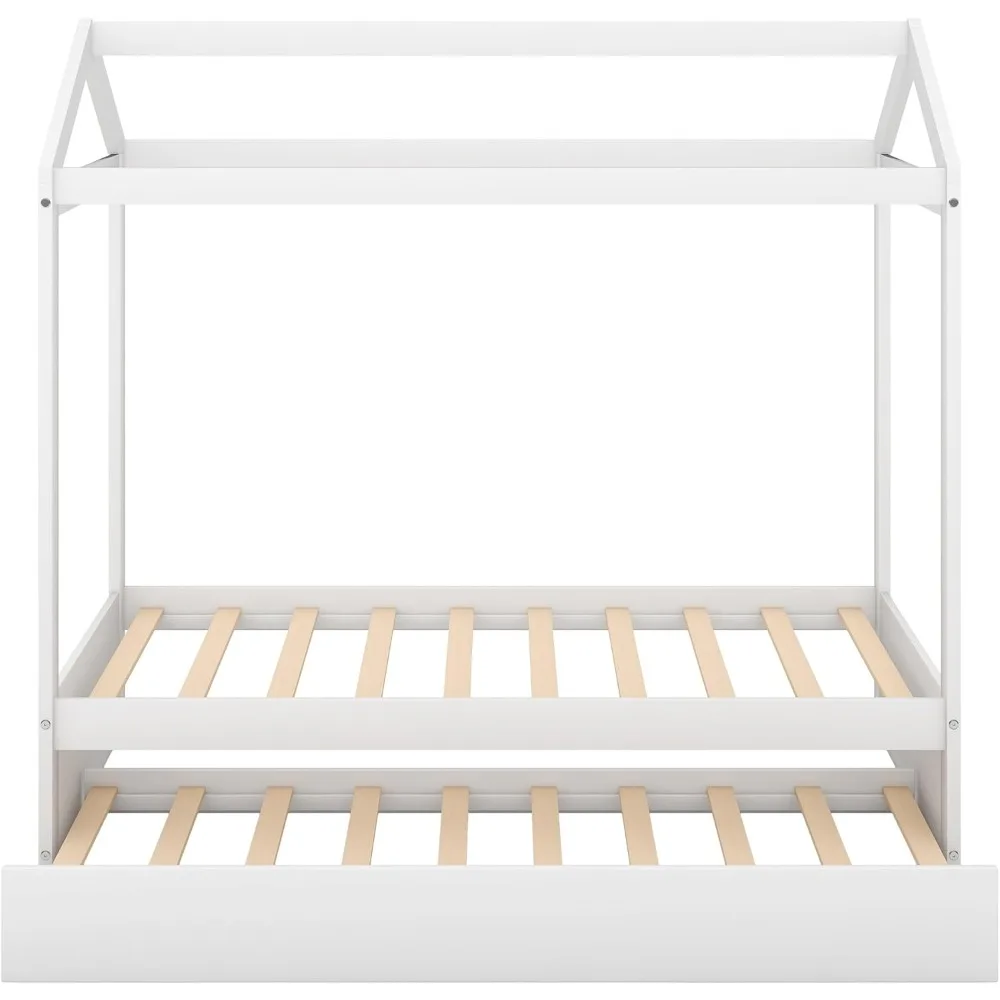 Cama de casa dupla Bellemave com rodízio, cama de casa Montessori com design de telhado, estrutura de sofá de madeira para crianças, meninos, meninas, wo resistente