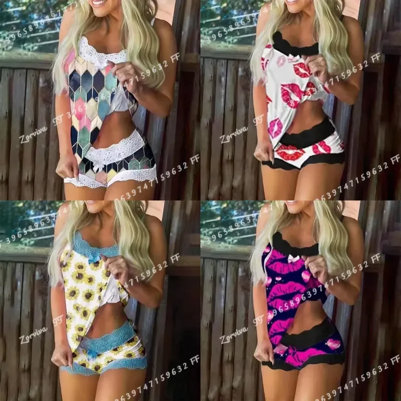 Luxury Satin Print 2 Piece Pajama Set Sultry Strappy Camisole and Hot Pants Euro Style Night Loungewear for Women