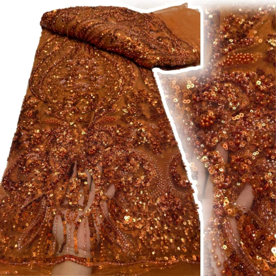 

High Quality African Nigerian Lace Fabric with Beaded Sequins French Net 5 Yards for Sewing Party Wedding Dresses SZ1381