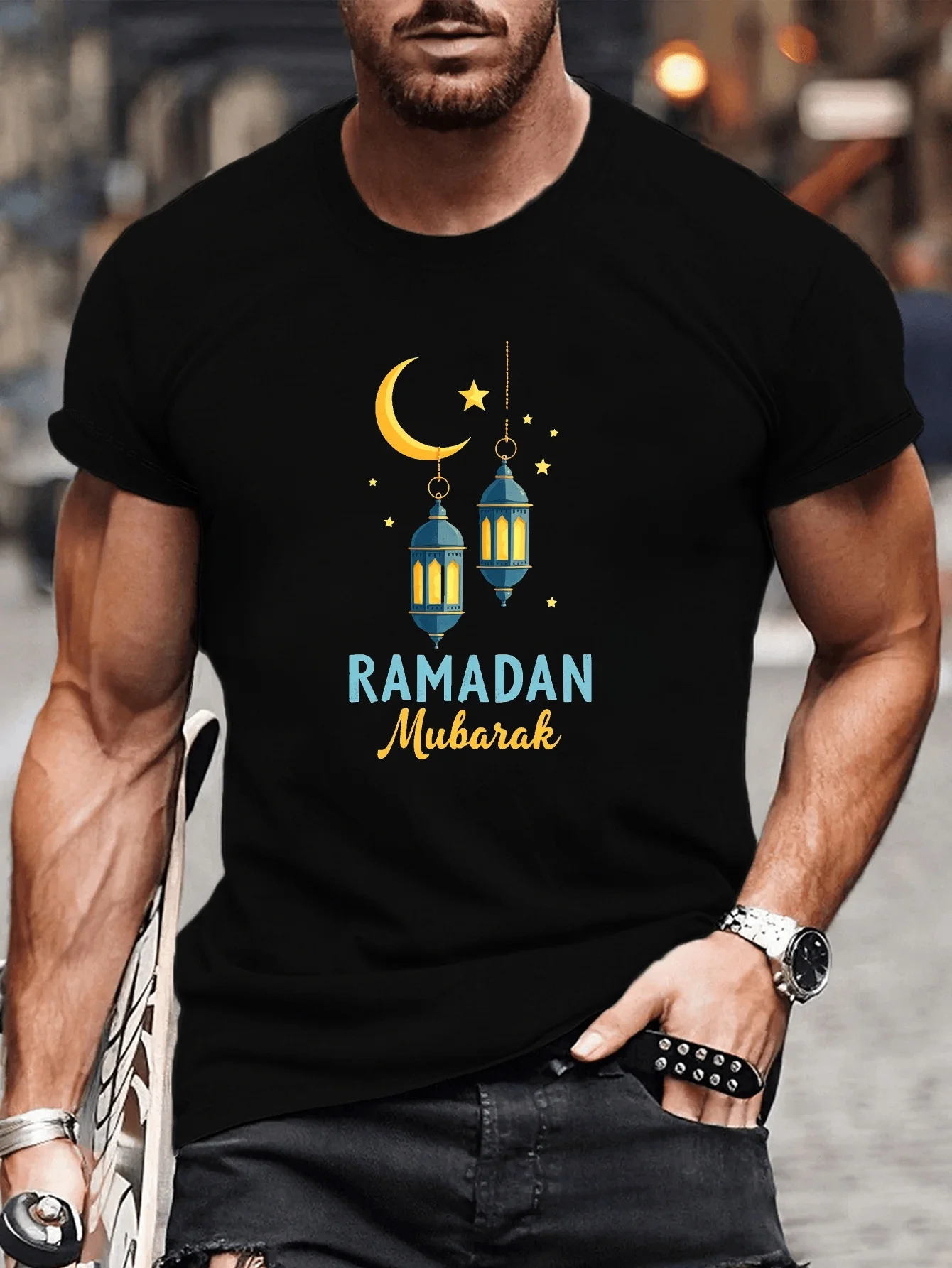 Men's Ramadan Mubarak Cotton T-Shirt, Islamic Moon & Lantern Geometric Print, Crew Neck Short Sleeve Casual Comfort Top For Eid