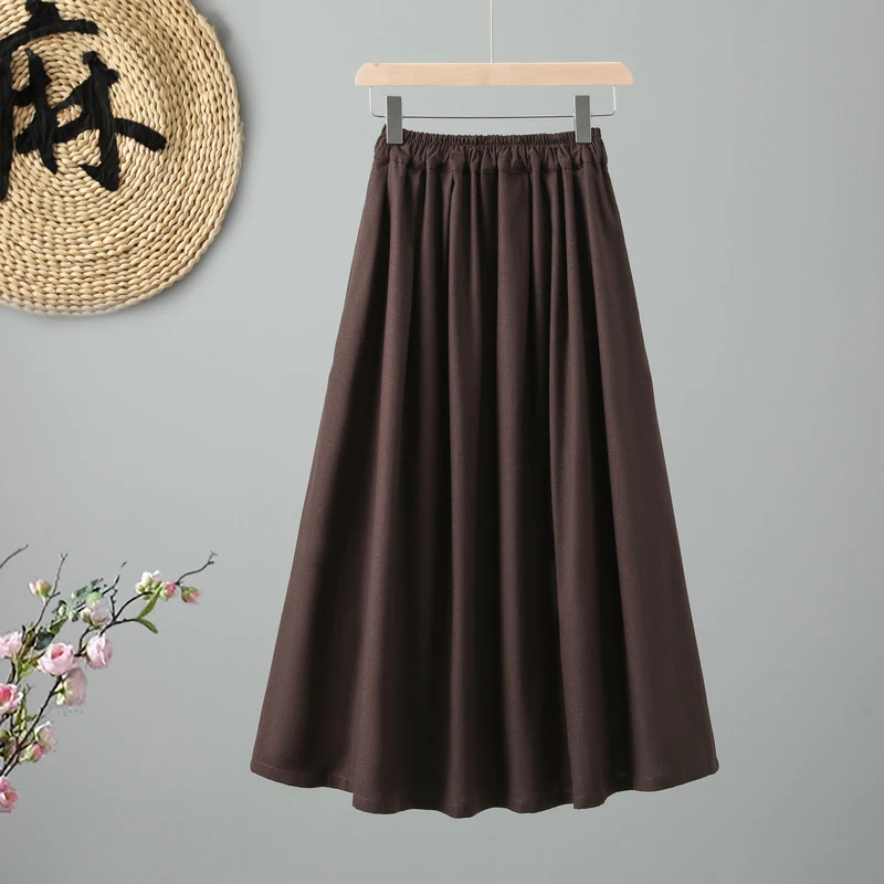 Retro Artistic Style Coffee Color Elastic Waist Half Skirt Women's Summer New Loose Slim High Waist Drapey A-Line Skirt