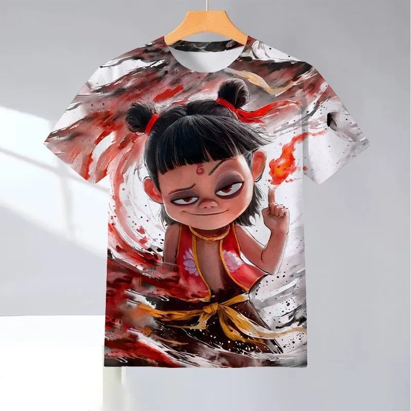 

2025 Nezha Demon Children's Sea making T-shirt Summer 3D Printing Trend Youth Round Neck Short Sleeve Hot Movie Short Sleeve Men