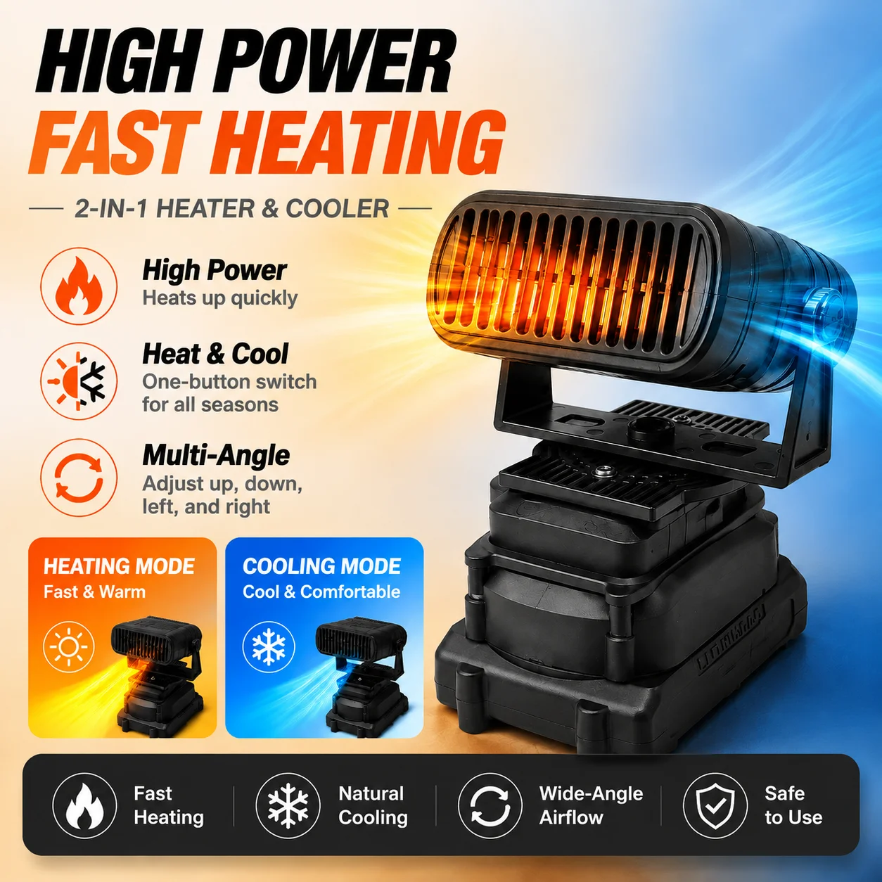 Black Wukong Heater Fan, compatible with Makita, Milwaukee, and DeWalt lithium batteries, suitable for camping and office use