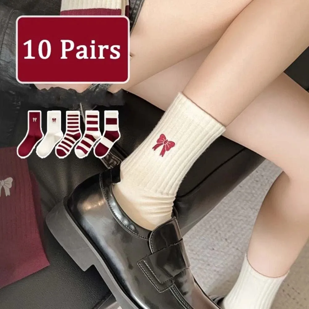 10Pairs Comfortable Patchwork Embroidery Bow Socks Breathable Non-slip Stripe Tube Socks Sweet Cotton Preppy Style Socks School