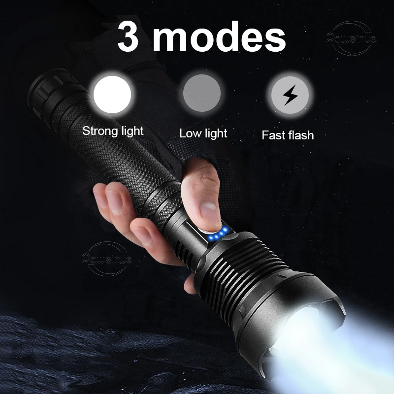 2024 Powerful XHP360 LED USB Recharge Flashlight 18650 26650 LED Flashlight Zoom Torch IPX65 Tactical Lantern Camping Hand Lamps