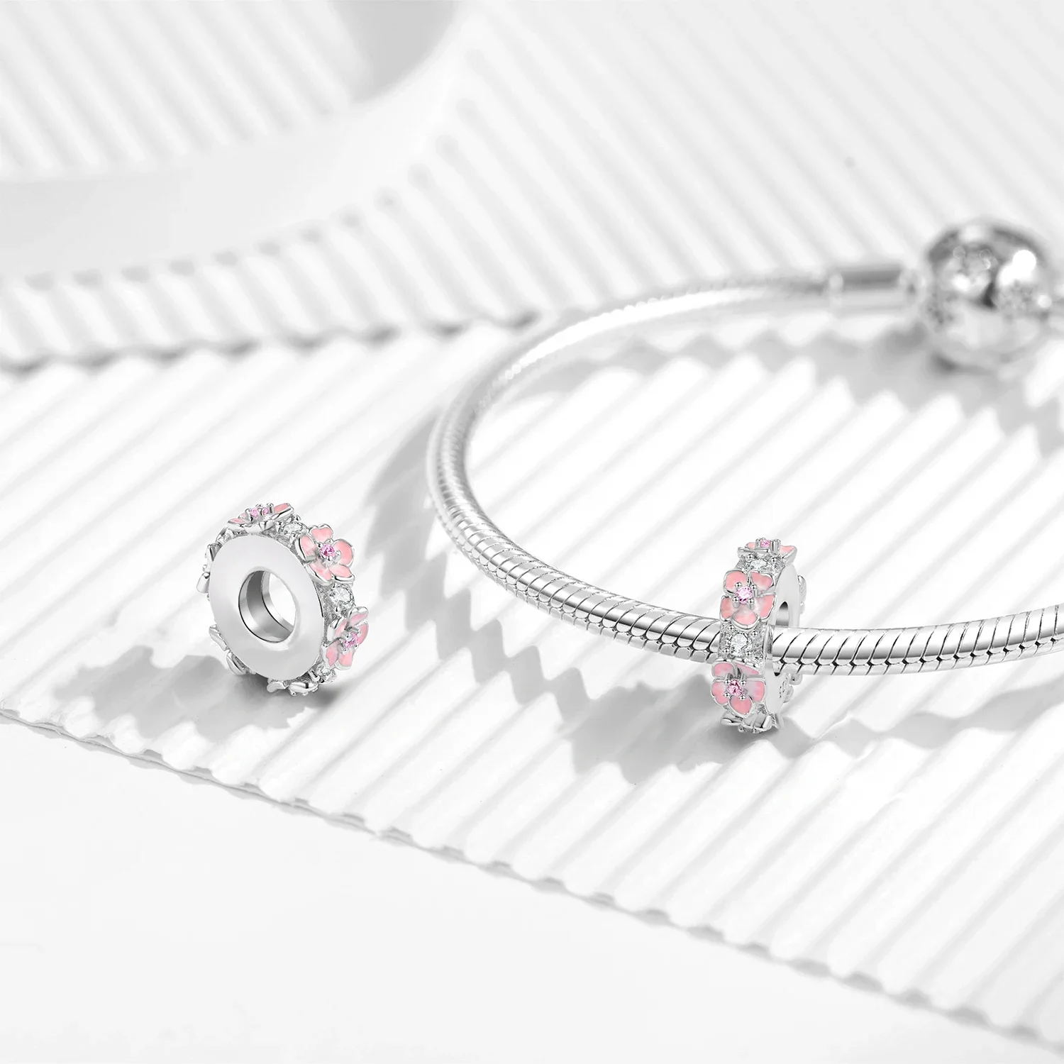 

KATAOKA New Solid 925 Sterling Silver Pink Cherry Blossom Stopper Charm with Silicone for 3Mm Snake Bracelet Diy Jewelry Accesso