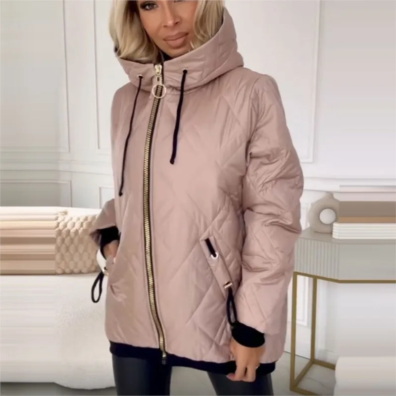 Casaco parka feminino com capuz, moda gola alta, comprimento do quadril, casaco casual com capuz, casaco de algodão sólido, roupa externa quente, outono inverno
