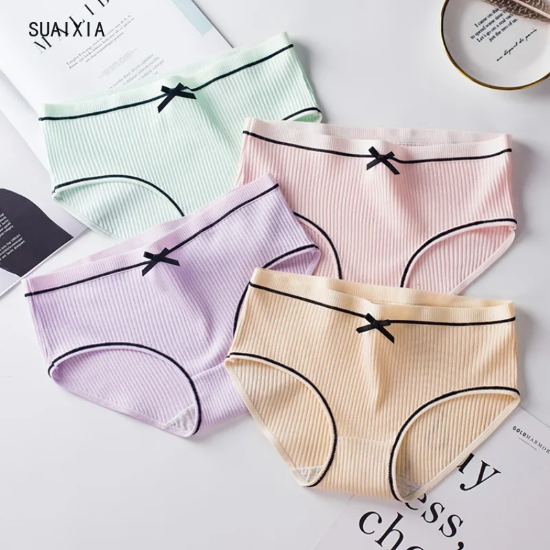 Threaded Cotton Bow Breathable Sexy Mid Waist Girls Briefs Pure Cotton Panties Ladies