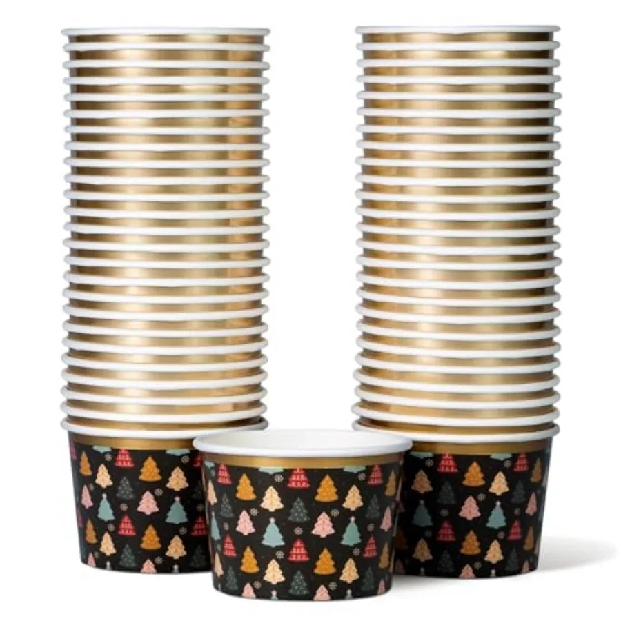 Paper Ice Cream Cups, 50-Count Disposable Dessert Bowls for Hot or Cold Food, 9-Ounce Christmas Party Supplies Treat Cups, Chri