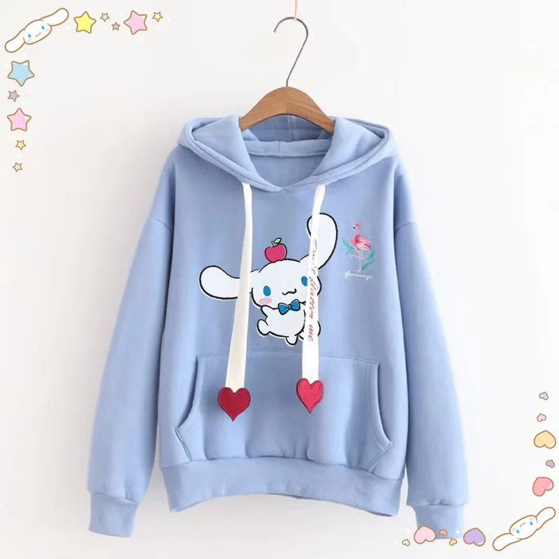 Sanrio Cute Cartoon Kuromi My Melody Cinnamoroll Women\'s New Hoodies Sweatshirts Velvet Thickened Loose Casual Tops Gift