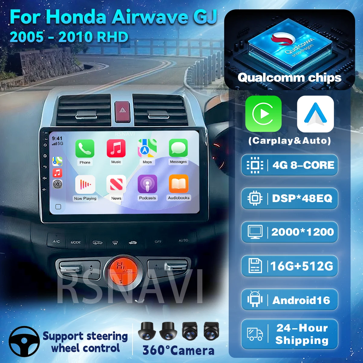 Android 16 For Honda Airwave GJ 2005 - 2010 Right hand driver Car Radio Carplay Auto Navigation Wireless Video DSP Player Stereo