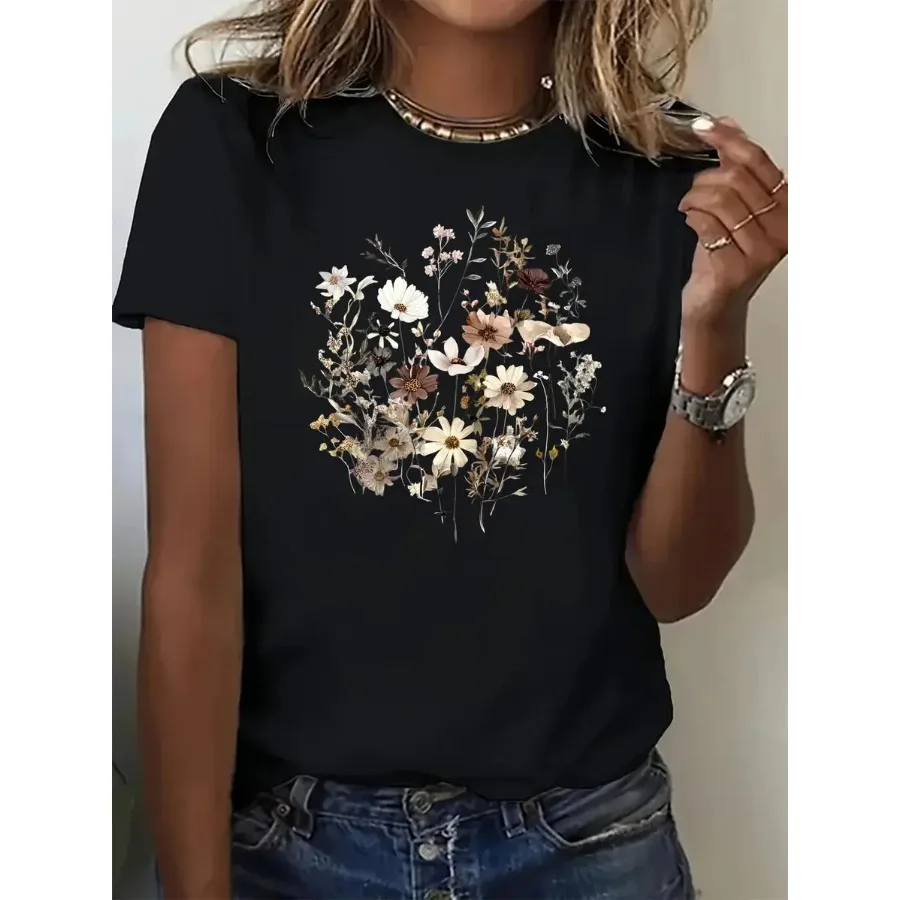【New Arrival】Vintage Dried Wild Daisy Bouquet Floral T Shirt Women Casual Short Sleeve Tee Neutral Tone Botanical Print Dark Gray Tops Boho Floral Daily Shirts