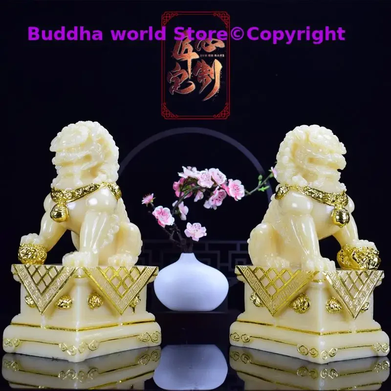 2PCS High-grade Good luck talisman statue Home store company office exorcise evil spirits safe Royal Jade lion gilding Sculpture