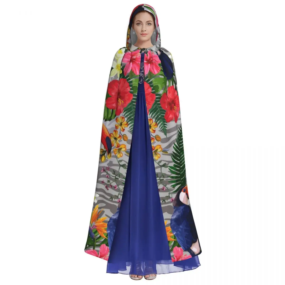 Adult Cloak Cape Hooded Summer Tropical Flowers And Toucan Medieval Costume Witch Wicca Vampire Carnival Party