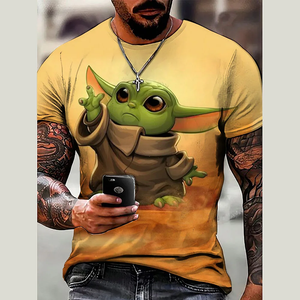 Summer T Shirt Marvel Yoda Baby PrintShort Sleeve Streetwear Oversized Tops Casual Outfits Fashion Black and White Men\'s Tee