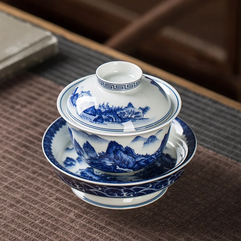 Porcelain Ceramic Cover Teacup Single Thousand-Li Landscape Water Household Three Pieces Tea Making Bowl Kung Fu Set