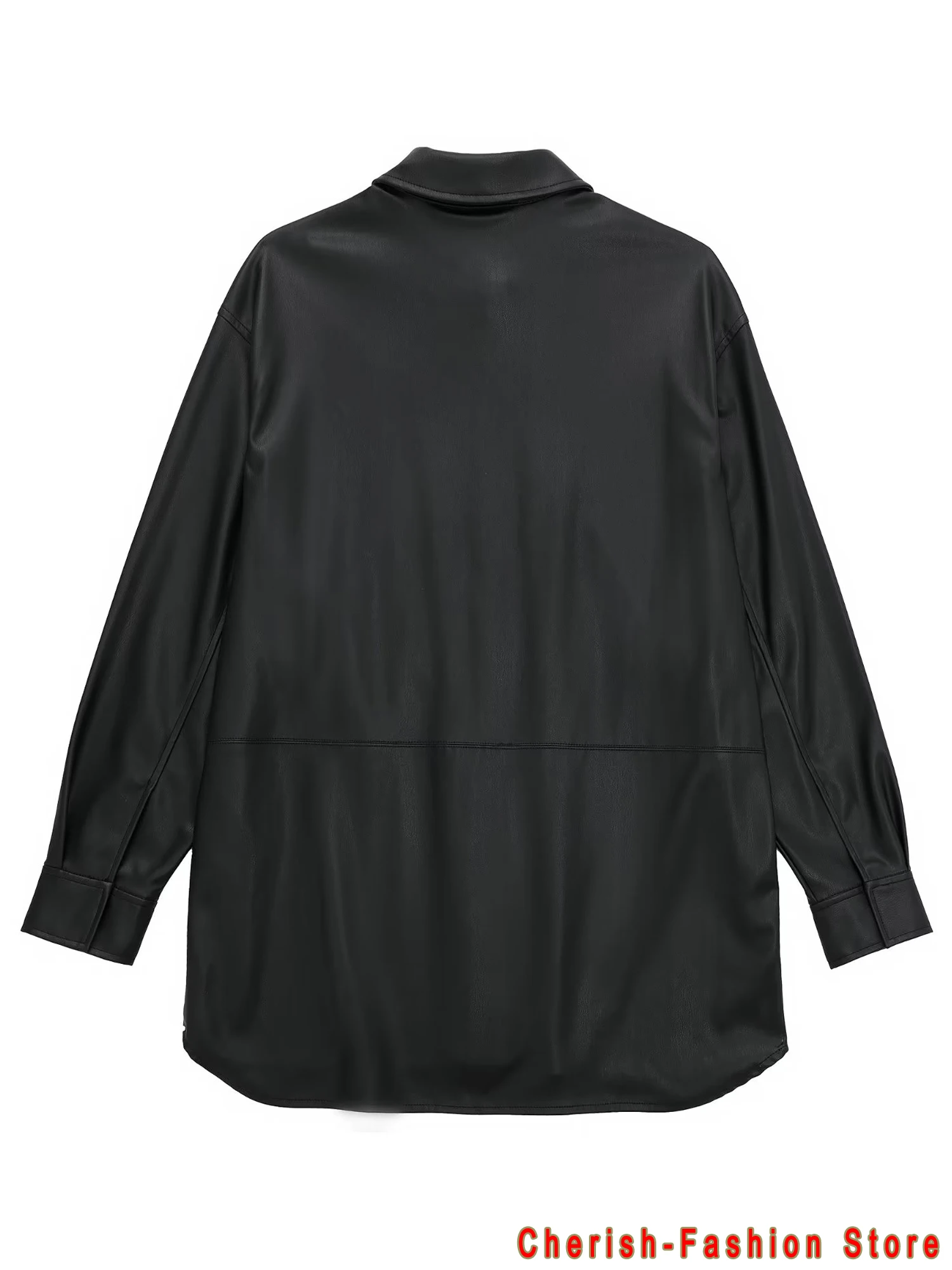 New chic Women oversized PU leather blouses 2023 Spring Autumn Black Faux Leather Basic Coat Turn-down Collar Motor Biker Jacket