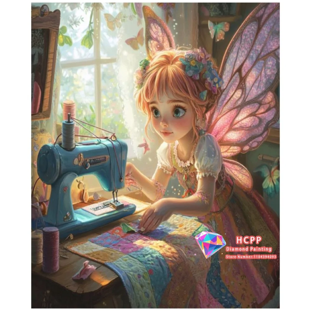 Butterfly Fairy Sewing Machine Room 5D DIY Diamond Painting Set with Square and Round Diamonds Handmade Crafts Gifts