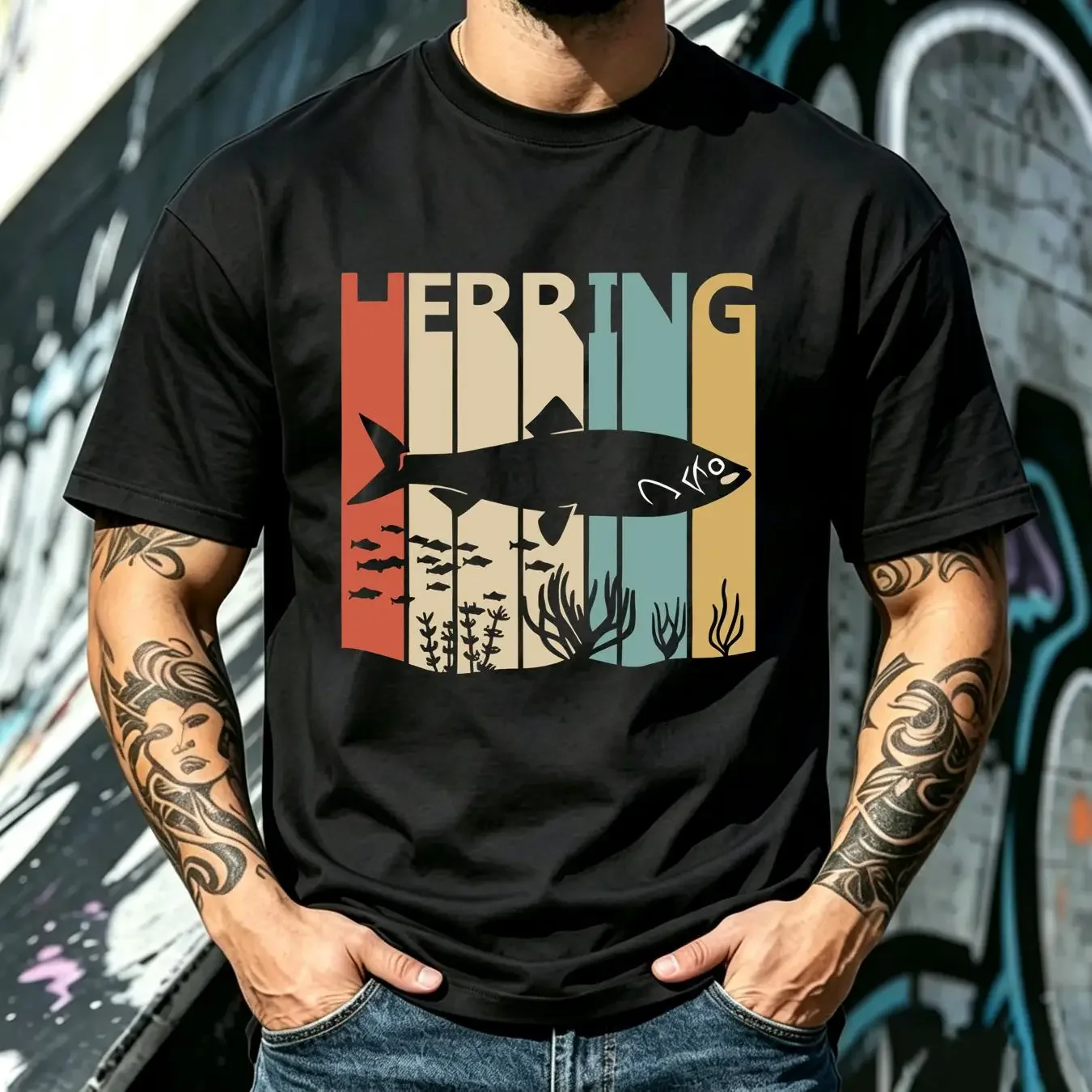 washed T Shirt Herring Fish Trophy fishing  vintage Washed Slightly Breathable Casual streetwear Stretched designer clothes