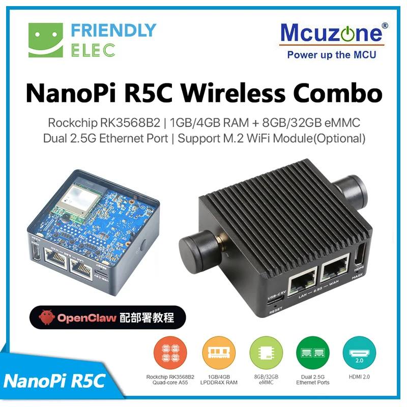 NanoPi R5C-WiFi Rockchip RK3568B2 | Puerto Ethernet dual 2,5G eMMC de 4 GB de RAM + 32 GB | Compatible con módulo WiFi M.2 (opcional) RTL8822CE