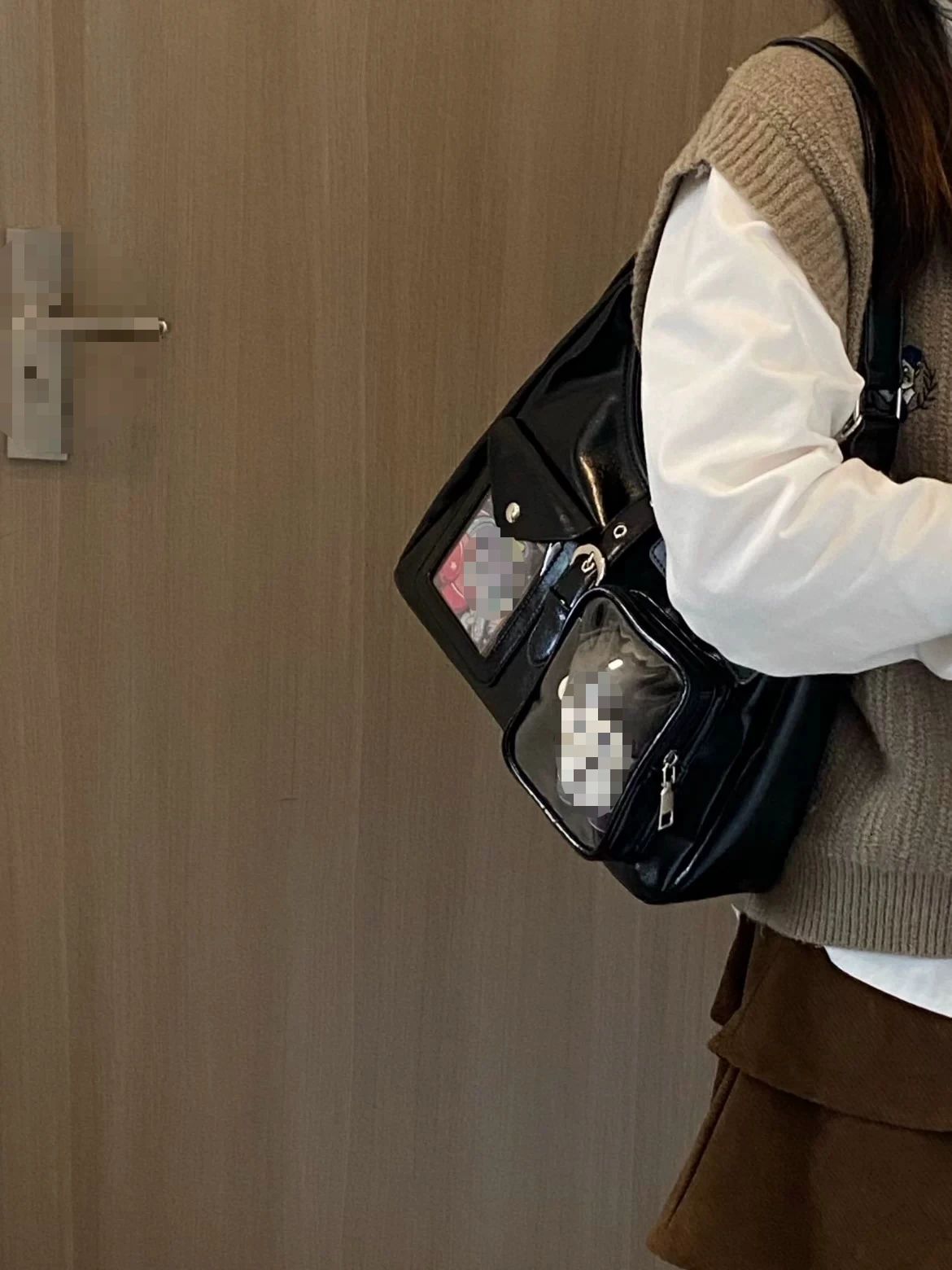 Y2K Punk PU Shoulder Bag for Women, Transparent Pocket Design, 2 Straps, Convertible Hobo Handbag, Casual Daily Crossbody Purse