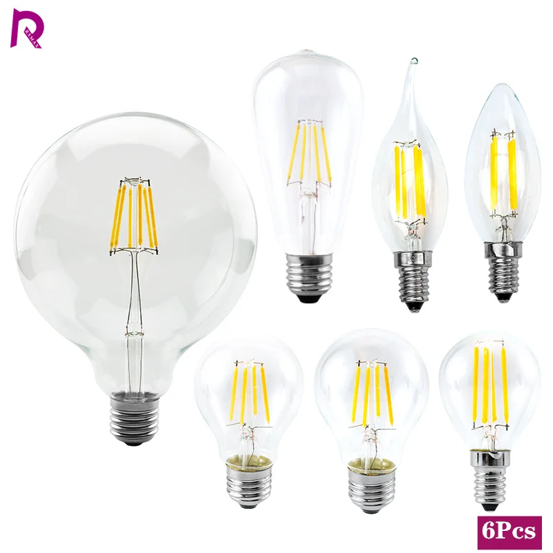 

6pcs/lot LED Candle Bulb E14 C35 Vintage Lamp LED E27 A60 ST64 G95 G125 AC220V LED Globe 2W 4W 6W 8W Filament Edison Light Bulbs