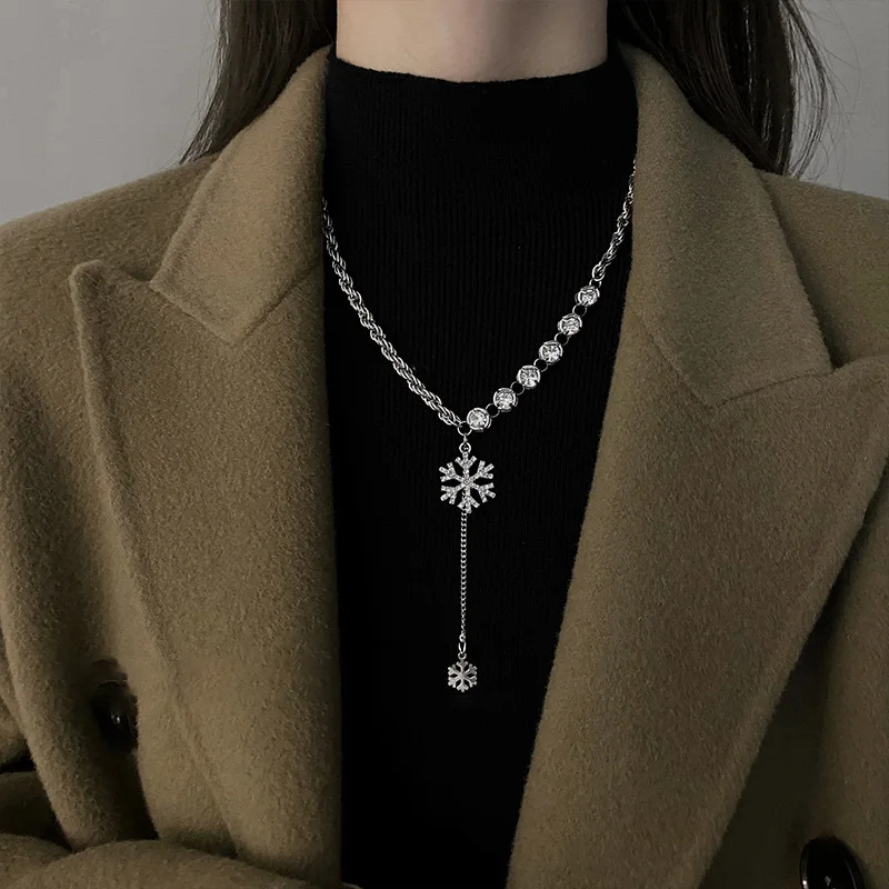 Titanium Steel Necklace For Women Snowflower Pendant Cubic Zirconia Chain Fashion Jewelry Korea Necklace Christams Gift