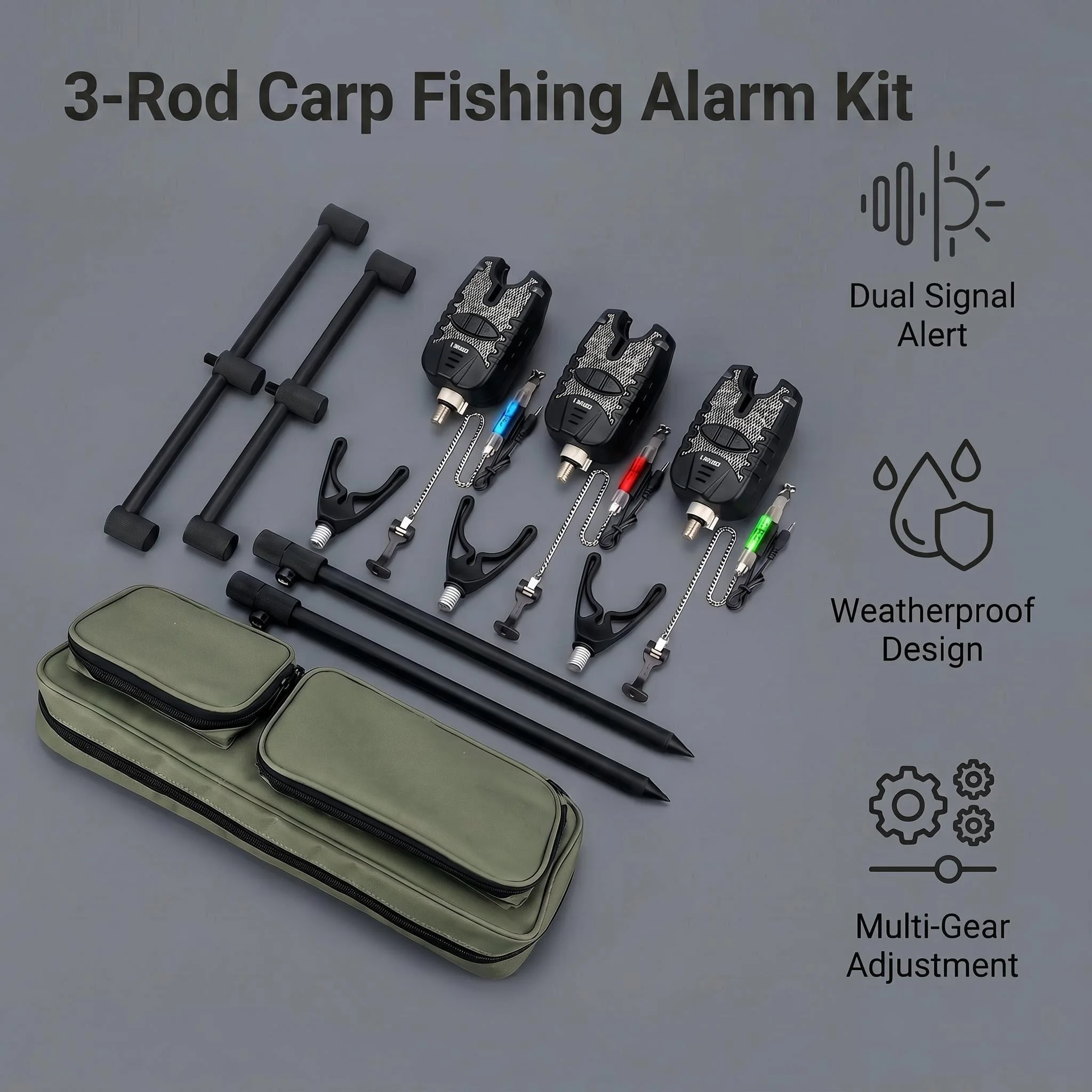 

Hirisi Carp Fishing Bite Alarm Set 3pcs LED Alarms + Swingers + Bank Sticks + Buzz Bar + Rod Rests with Carry Bag Fishing Tackle