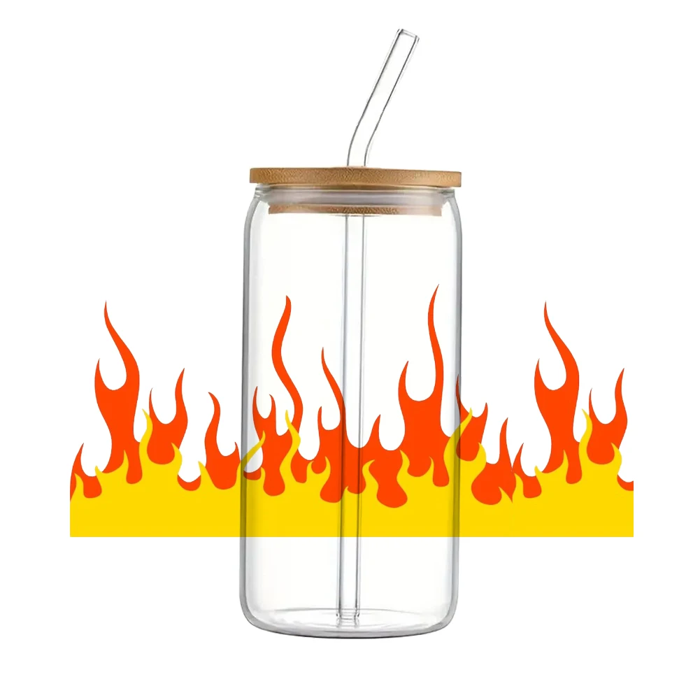 Colorful Hot Fire Flame Pattern UV DTF Transfer Sticker Waterproof Transfers Decals For 16oz Glass Cup Wrap Stickers