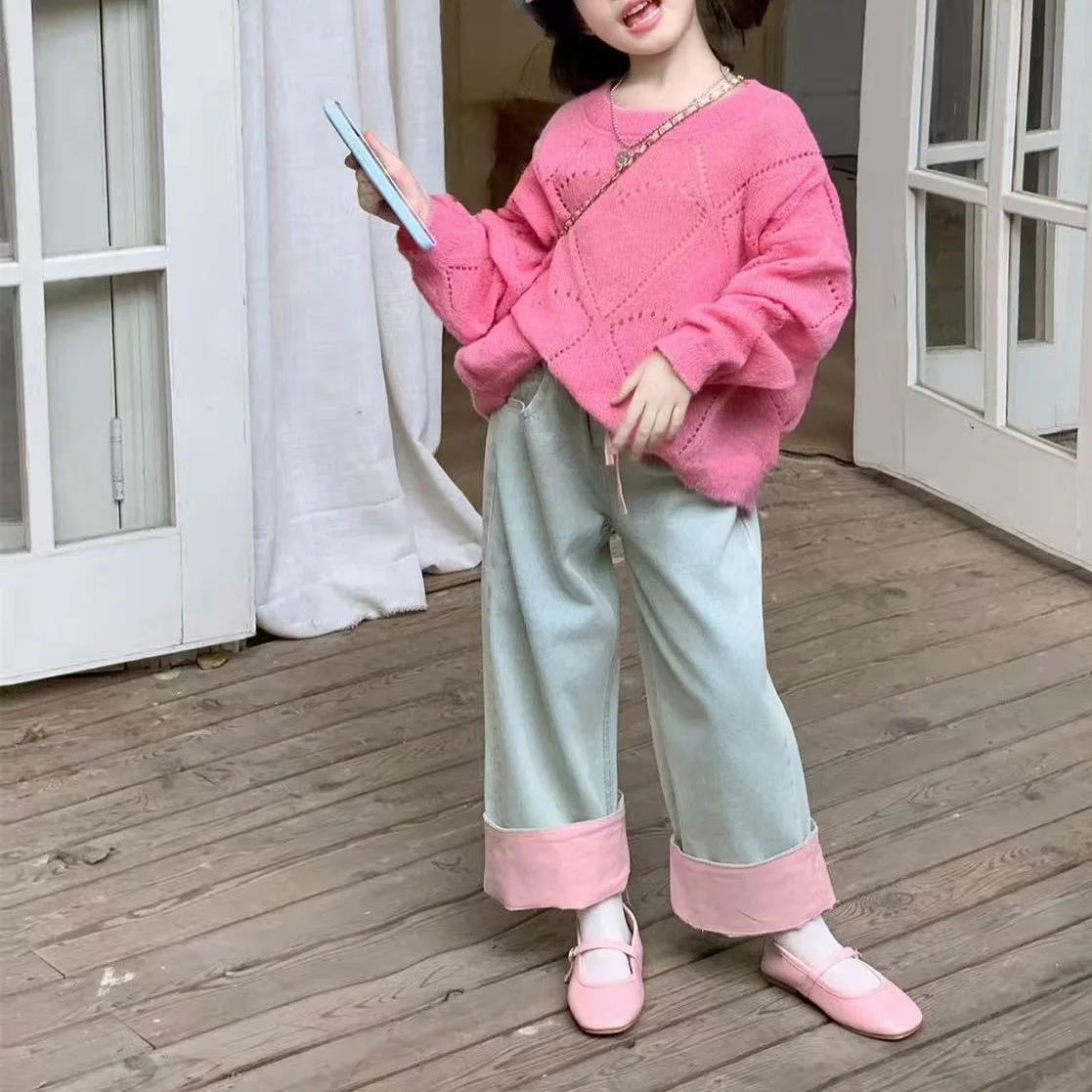 Girls Sweater 2026 Autumn and Winter New Childrens Clothing Korean Style Girl Baby Foreign Loose Solid Color Hollow Knitwear