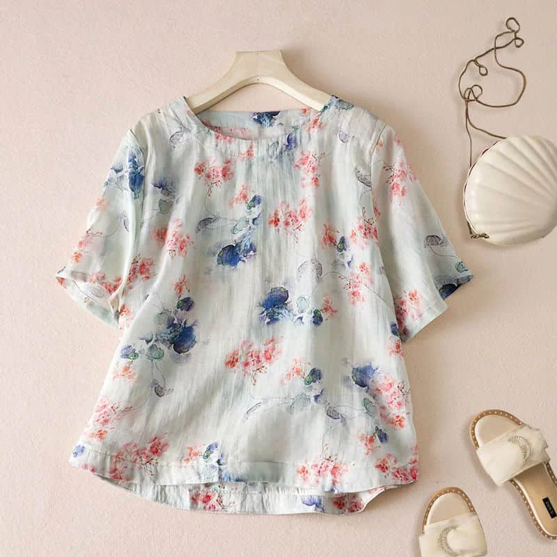 

Printed Shirts for Women Cotton Linen Vintage Short Sleeve T-shirts Loose Casual Korean Style O-neck One Piece Blouse Women Tops