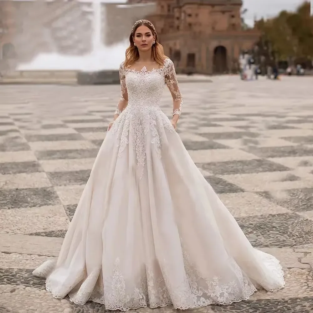 

Customized Elegant A Line Bridal Gowns O-neck Long Sleeve Lace Wedding Dress High Quality Princess Bride Dresses