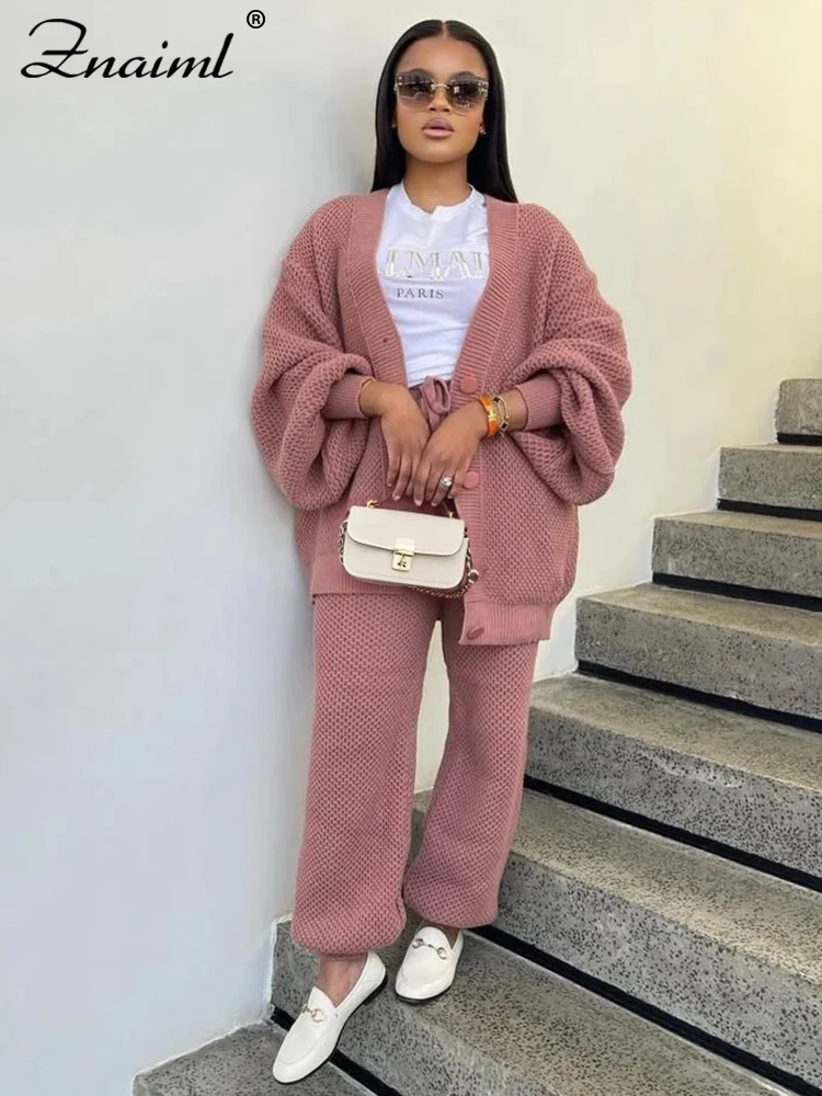Znaiml レディース ルーズニット2点セット 長袖カーディガンセーターとワイドレッグパンツ カジュアル 秋冬ニットウェア