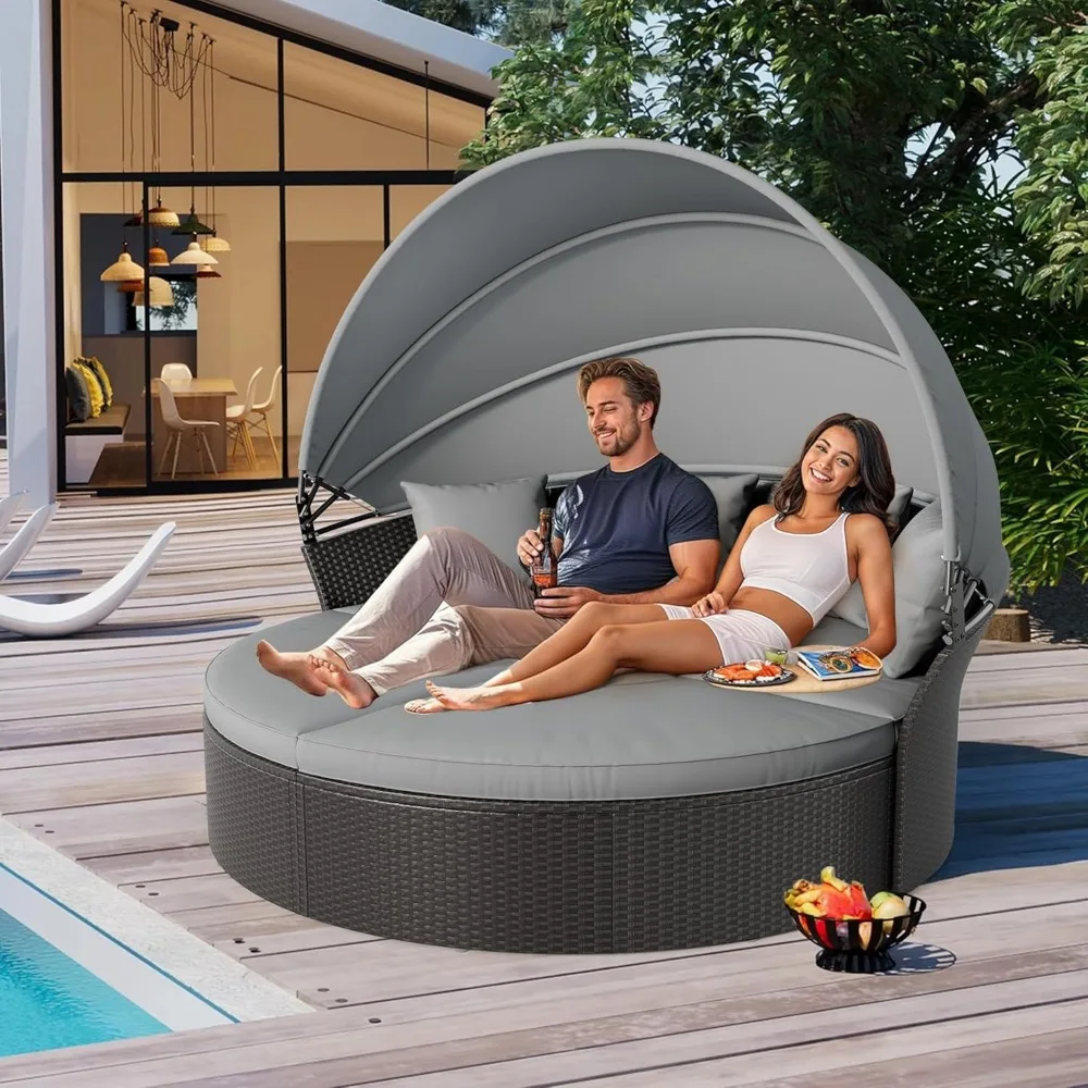 

Patio Round Daybed with Retractable Canopy, Adjustable Clamshell Sectional Seating, Outdoor Wicker Furniture with Washable