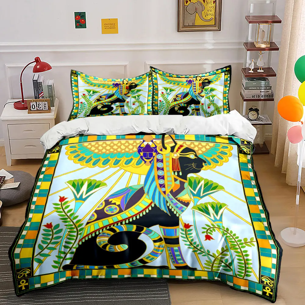 Sacred Egyptian-style Decorated Cat Printed Duvet Cover Set1 Duvet Cover+2 PillowcaseMulti Size Bedroom Bedding Decoration