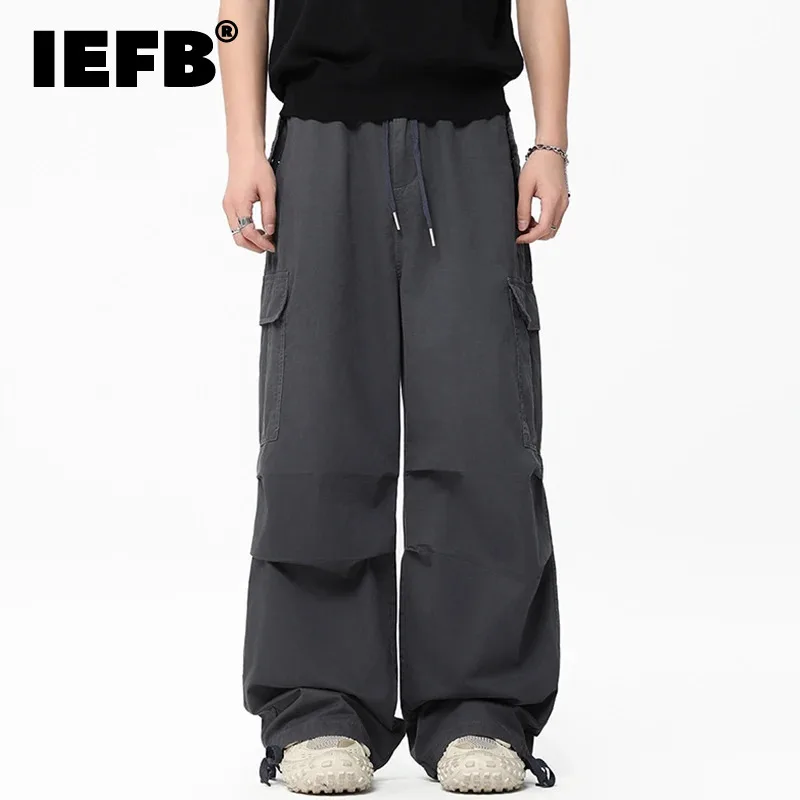 IEFB American Style Men's Cargo Pants Elastic Waist Drawstring Boot Cut Trousers Straight Wide Leg Loose Male Bottom New 9C8521