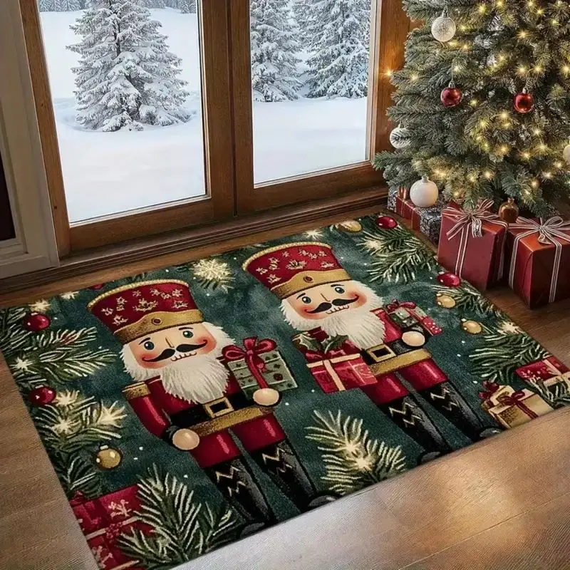 VIKAMA Nutcracker Soldier Doormat Dark Green Christmas Welcome Mat Gifts Pine Branches Entryway Rug Front Porch Decor